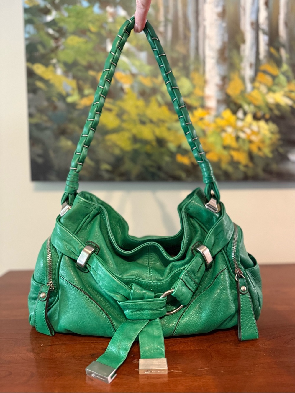 B. Makowsky Kelly Green Leather Shoulder Bag Slouchy Hobo Silver Hardware Y2K 💚